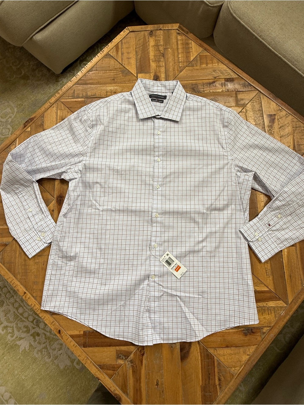 Tommy Hilfiger White Dress Shirt with Blue and Gray Windowpane Plaid